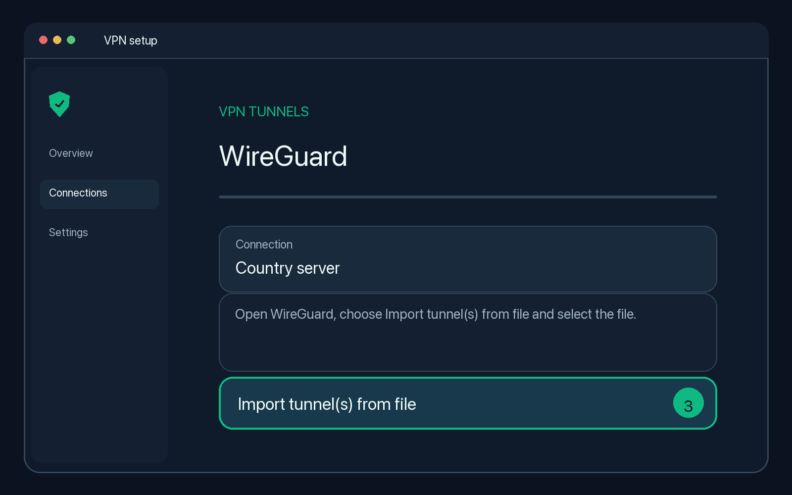 Illustration of step 3: Open WireGuard, choose Import tunnel(s) from file and select the file.