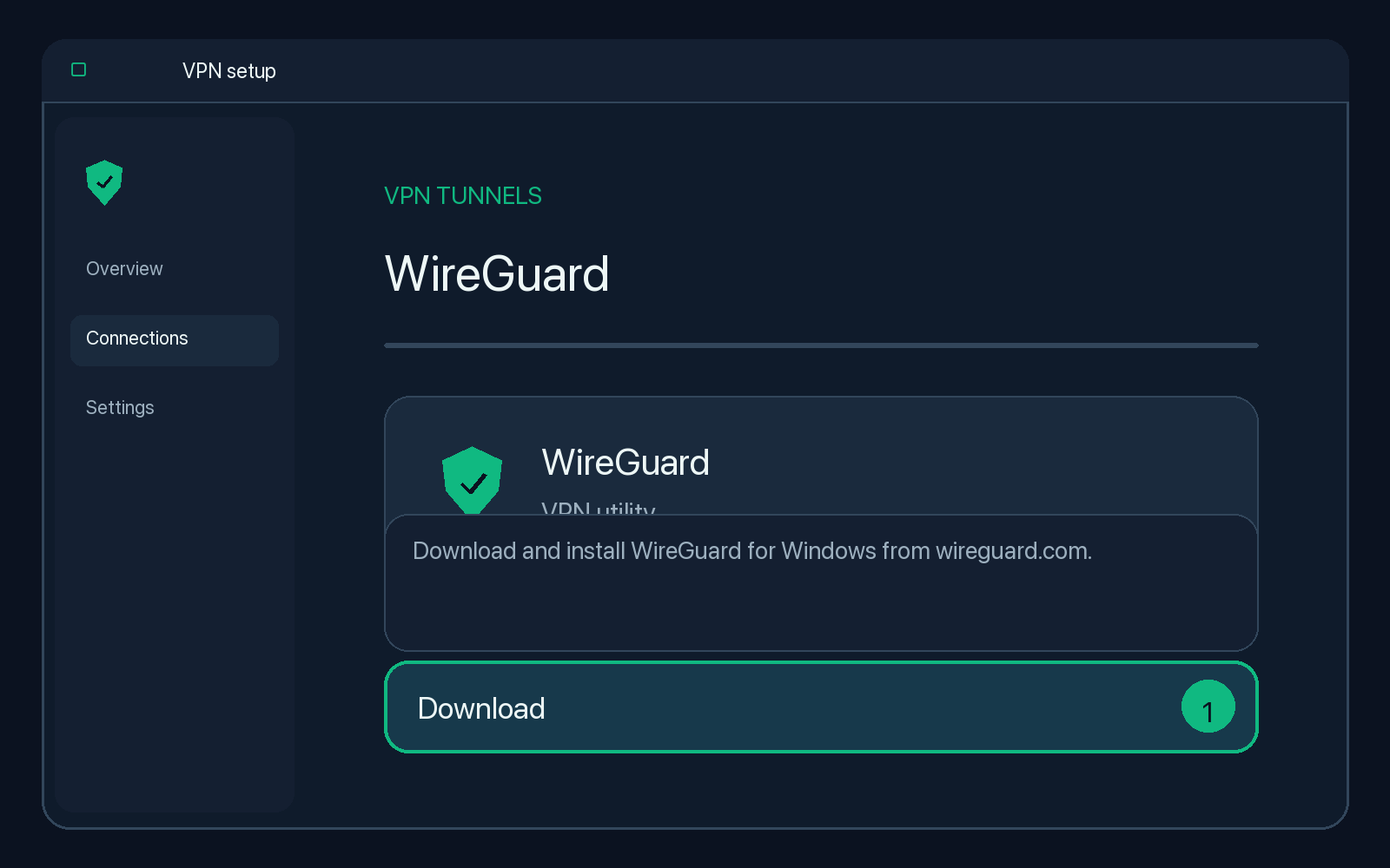 Illustration of step 1: Download and install WireGuard for Windows from wireguard.com (link above).