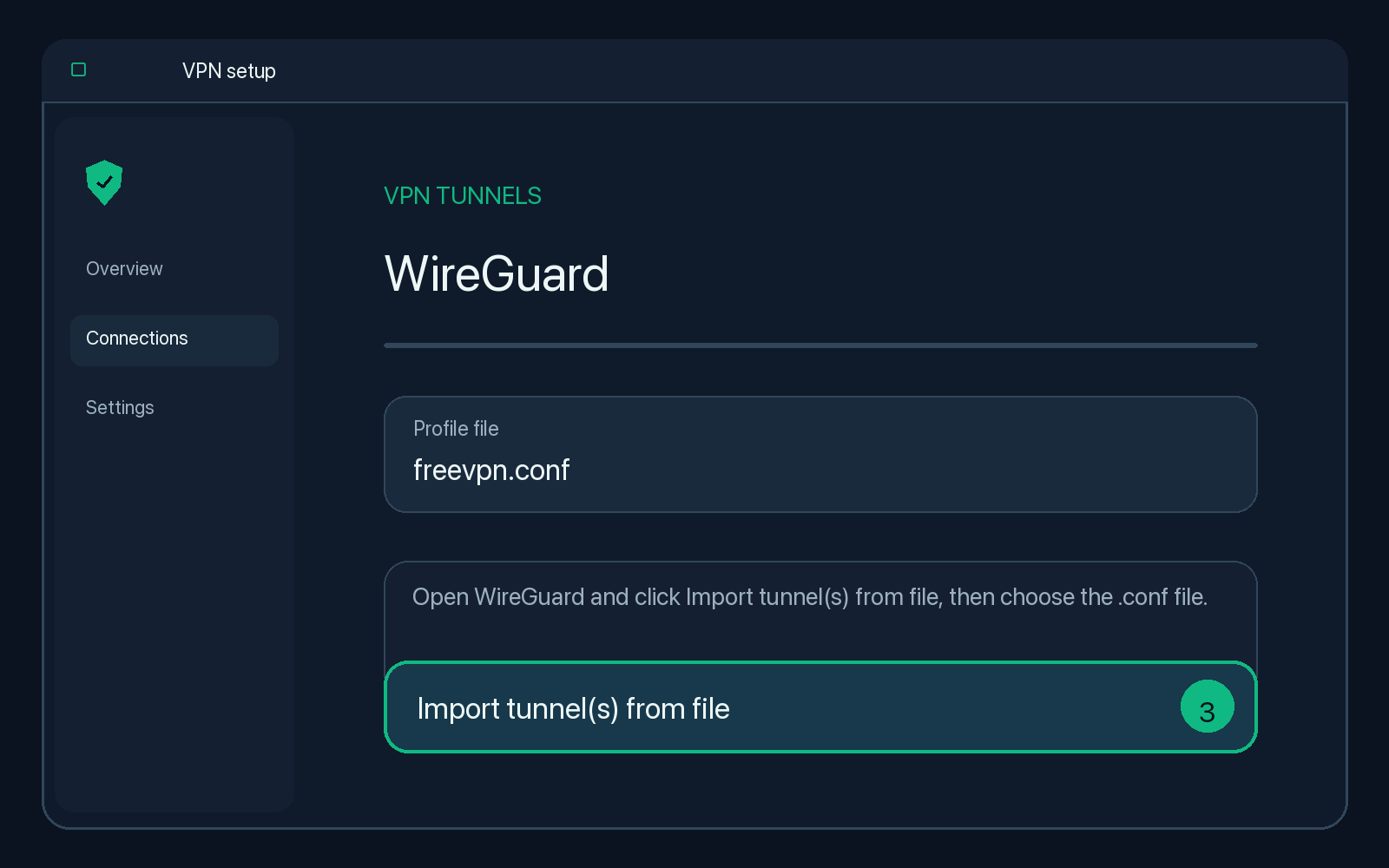 Illustration of step 3: Open WireGuard and click Import tunnel(s) from file, then choose the .conf file.